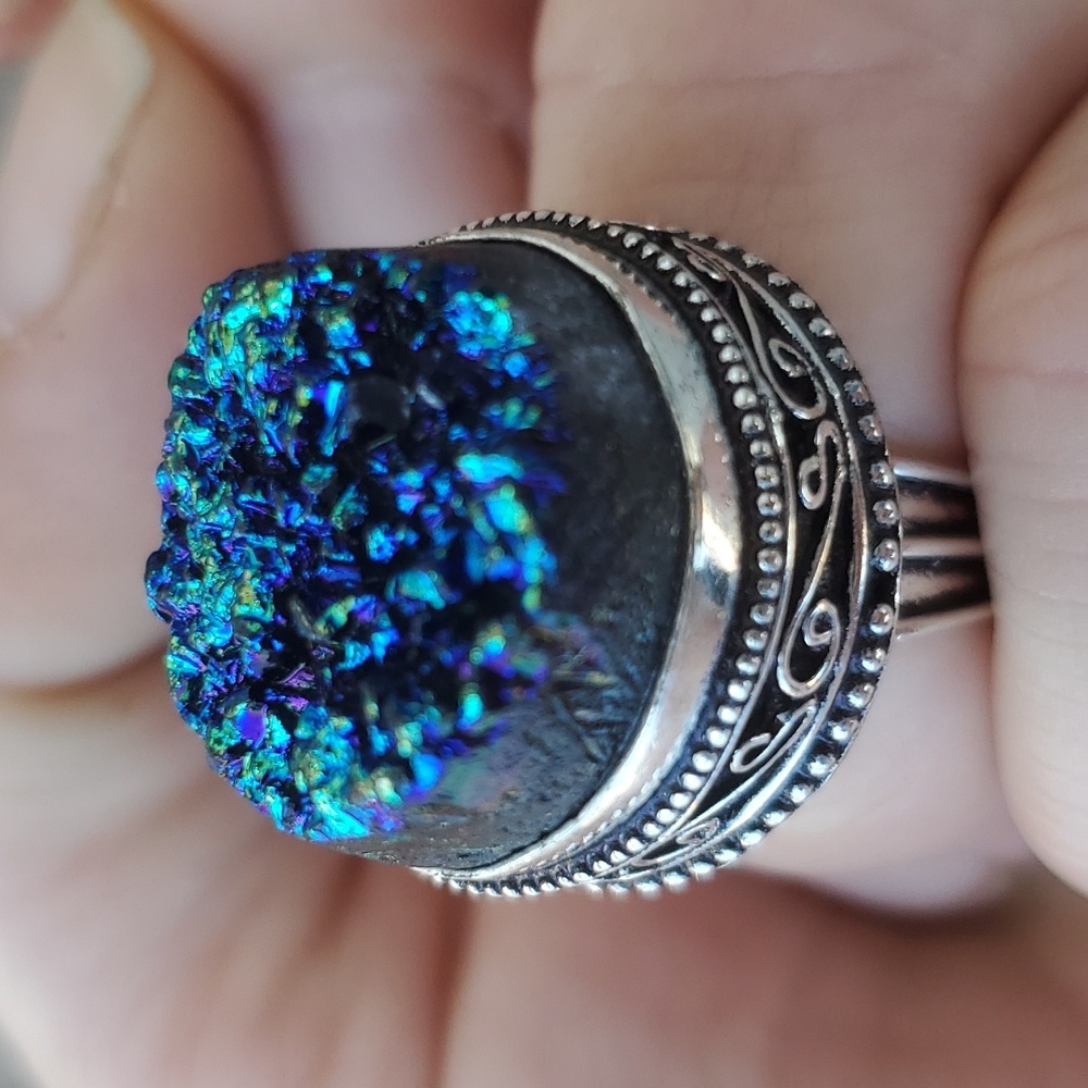 New Blue Titanium Druzy 925 Silver Ring.